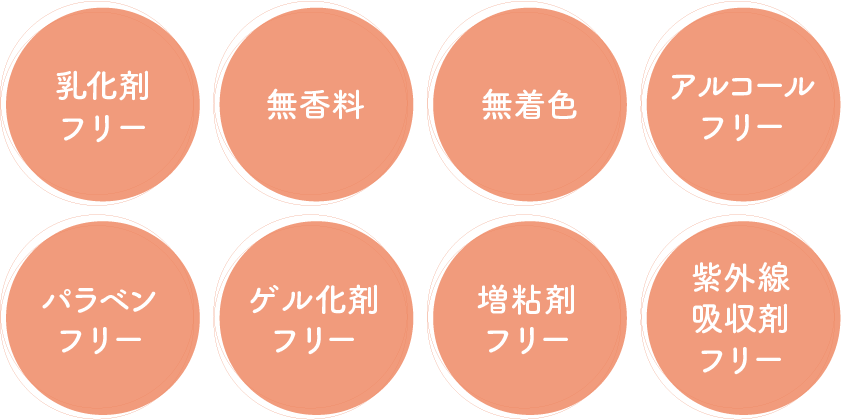 乳化剤フリー、無香料、無着色、アルコールフリー、パラベンフリー、ゲル化剤フリー、増粘剤フリー、紫外線吸収剤フリー